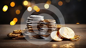 festive chocolate coins wrapped in silver and gold foil. banner