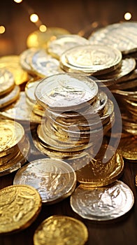 festive chocolate coins wrapped in silver and gold foil on a wooden table. vertical