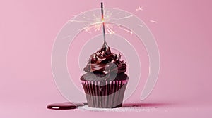 Festive Chocolate Cupcake with Sparkling Candle and Pink Sprinkles