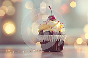 Festive Chocolate Cupcake with Yellow Vanilla Whipped Cream and Cherry