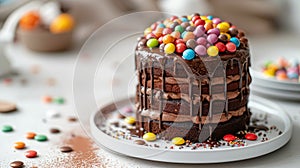 Festive chocolate pinata cake with cocoa for birthday with colorful delicious candies. Cake close up. Happy Birthday concept