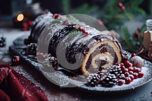 Festive Chocolate Yule Log Cake Decorated with Berries and Pine Cones