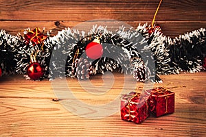 Festive Christmas or Advent background - Christmas decoration on rustic wood