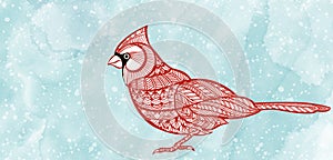 Festive Christmas background with bird cardinal on blue watercolor background. Vector illustration can be greeting cards,