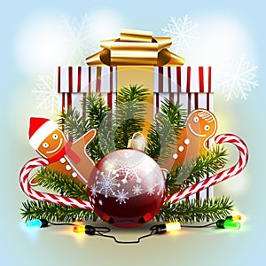 Festive Christmas background with Christmas and New Year elements. Baner with gift box, fir branches, Christmas decoration, garlan