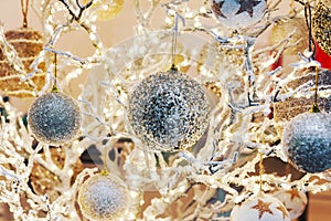 Festive Christmas background with glittering decorations and lam