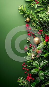 Festive Christmas Background with Red Berries, Evergreens, and Golden Ornaments on Green Backdrop