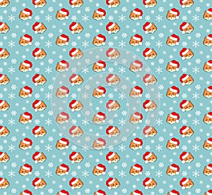 Festive Christmas background with a red cat in a red Santa hat and white snowflakes