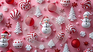 Festive Christmas Background with Red and White Ornaments, Snowmen, and Trees on Pink Backdrop