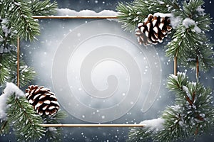 Festive Christmas background. their frame is fir branches, covered snow, decorated with pine cones. copy space