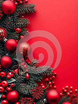 Festive Christmas Background with Vibrant Red Ornaments and Green Fir Branches on Bold Red Backdrop