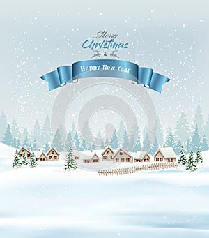 Festive Christmas background with winter village and fir trees