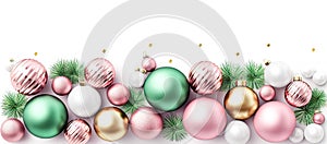 Festive Christmas banner with trendy pink and emerald green baubles. Bright holidays background. Digitale illustration. Generative