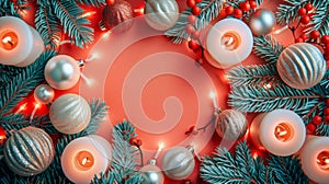 Festive Christmas Border Decoration with Candles, Pine Branches, Baubles, and Red Berries on a Coral Background, Top View with