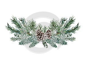 Festive Christmas border with winter green branches, pine cones, isolated. Watercolor arrangement