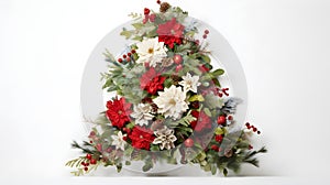 Festive Christmas Bouquet Banner: Unique Tree-Shaped Arrangement Against Crisp White Backdrop. Generative Ai