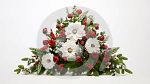 Festive Christmas Bouquet Banner: Unique Tree-Shaped Arrangement Against Crisp White Backdrop. Generative Ai