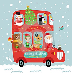 Festive Christmas bus with Santa and cute animals.