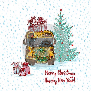 Festive Christmas card. Yellow school bus with fir tree decorated red balls and gifts on roof. White snowy seamless background and