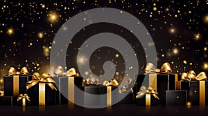 Festive Christmas celebration image with black gift boxes tied with golden bows on an out of focus background Generative AI