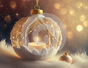 Festive christmas composition with a glowing candle and an ornate bauble