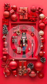 Festive Christmas Composition with Nutcracker and Red Ornaments on Vibrant Background