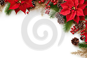 Festive Christmas Decoration Frame with Red Poinsettia Flowers, Christmas Tree Branch, and Berries on White Background. created