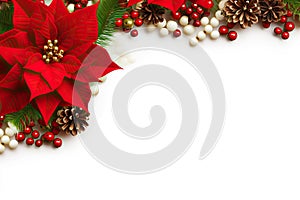 Festive Christmas Decoration Frame with Red Poinsettia Flowers, Christmas Tree Branch, and Berries on White Background. created