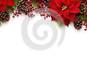 Festive Christmas Decoration Frame with Red Poinsettia Flowers, Christmas Tree Branch, and Berries on White Background. created