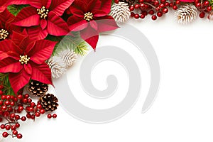 Festive Christmas Decoration Frame with Red Poinsettia Flowers, Christmas Tree Branch, and Berries on White Background. created