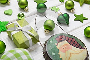 Festive christmas decoration in light green, white and golden co