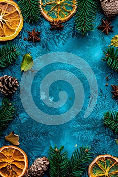 Festive christmas decorations on blue background with copy space, holiday and new year concept