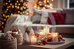 Festive Christmas decorations and lights adorning a cozy living room