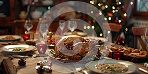 Festive Christmas Dinner Table Set With Turkey and Dishes