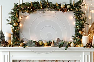Festive Christmas Fireplace Mantel Decorated with Wreath and Candles photo