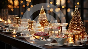 Festive Christmas food. Fine Dinner buffet table with sweet dishes, snacks, desserts and drinks. Golden glittering decoration