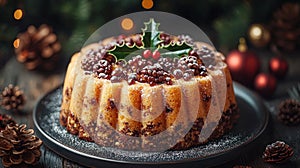 Festive Christmas fruitcake on dark plate