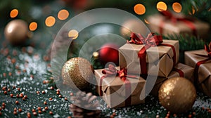 Festive Christmas Gift Boxes with Fir Branches, Ornaments, Red Ribbon, and Bokeh Lights on Green Background