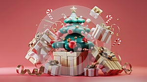 Festive Christmas Gifts Exploding from Box with 3D Tree
