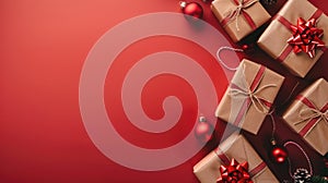 Festive Christmas Gifts and Ornaments on Red Background