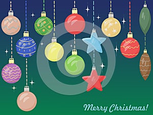 Festive Christmas greeting card. Hanging ornaments made of glass balls, cones and stars. New Year`s vector elements
