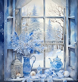 Festive Christmas Home Window Watercolor Painting