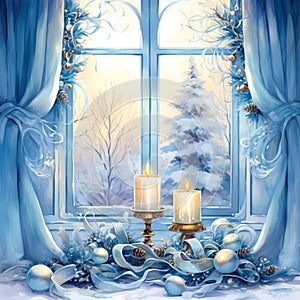 Festive Christmas Home Window Watercolor Painting