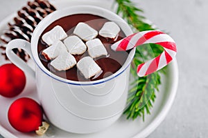 Festive Christmas Hot Chocolate with marshmallow and candy cane