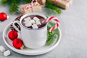 Festive Christmas Hot Chocolate with marshmallow and candy cane