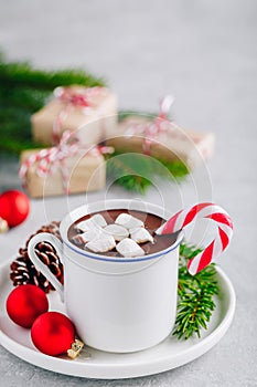 Festive Christmas Hot Chocolate with marshmallow and candy cane
