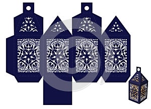 Festive Christmas lantern with openwork windows. DIY stencil for cutting out Christmas decor and gifts