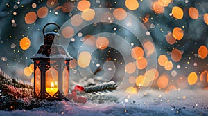 Festive Christmas Lantern in Snowy Night with Fir Branch Decoration