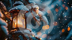 Festive Christmas Lantern in Snowy Night with Fir Branch Decoration