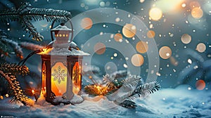 Festive Christmas Lantern in Snowy Night with Fir Branch Decoration